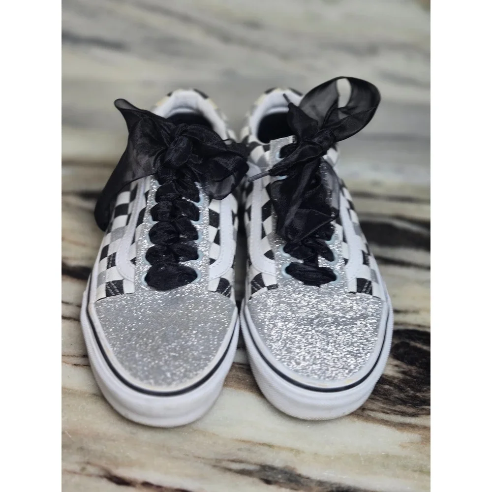 Vans Old Skool Checkerboard Silver Glitter Ribbon Lace Sneakers Womens 8 - Picture 2 of 8